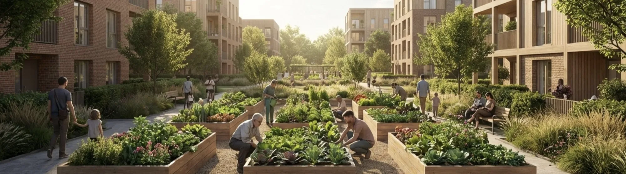 Garden beds between homes with several generations tending them.