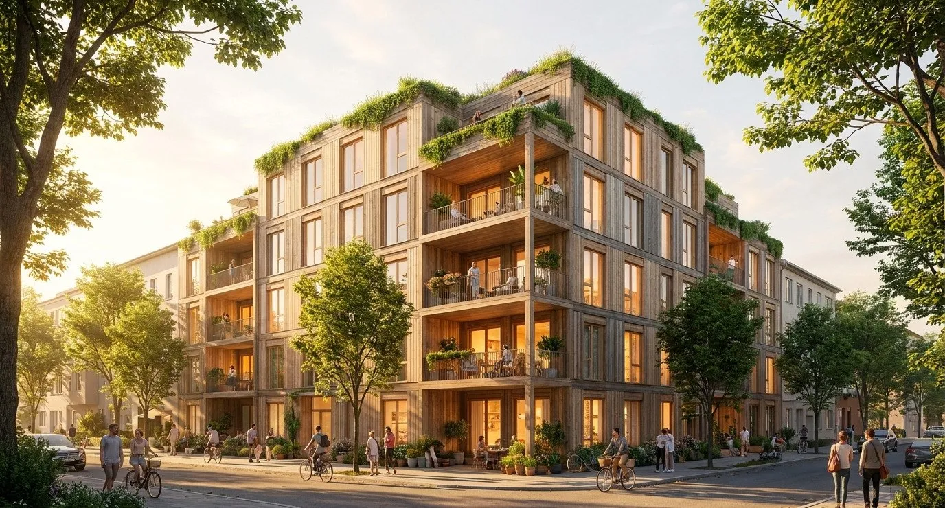 A mid-rise corner building with ground-floor life.