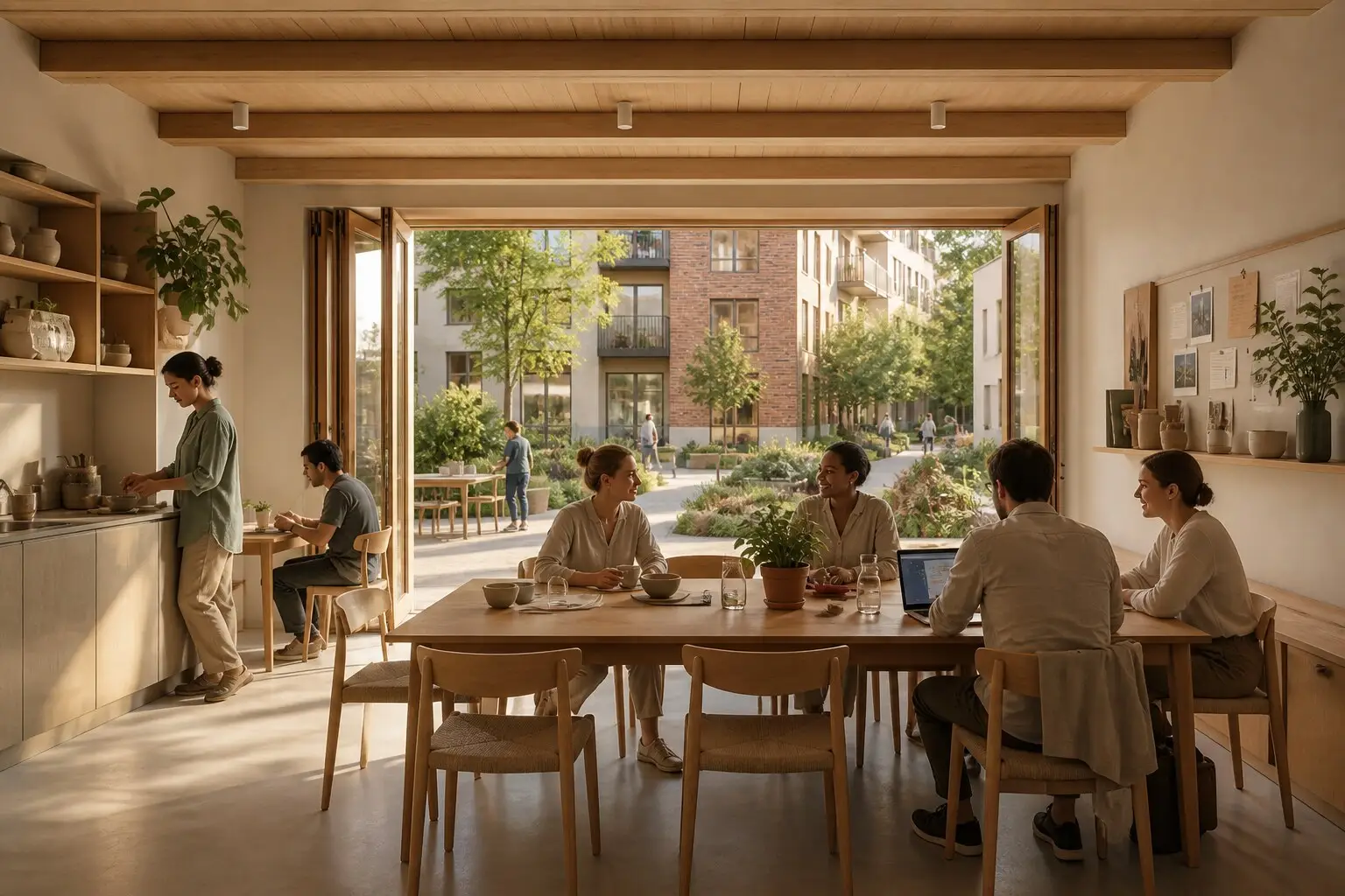 A shared common room with a long table opening onto a planted residential courtyard.