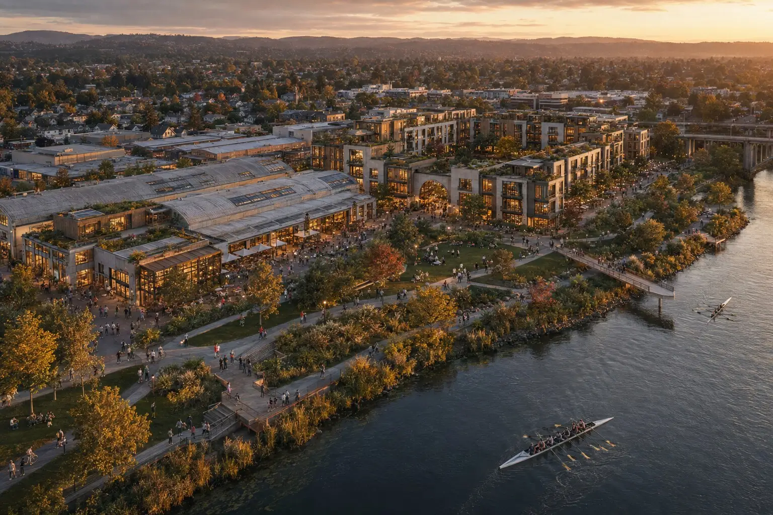 A river running between two banks of low-rise buildings, with a park, a footbridge and rowing crews on the water.