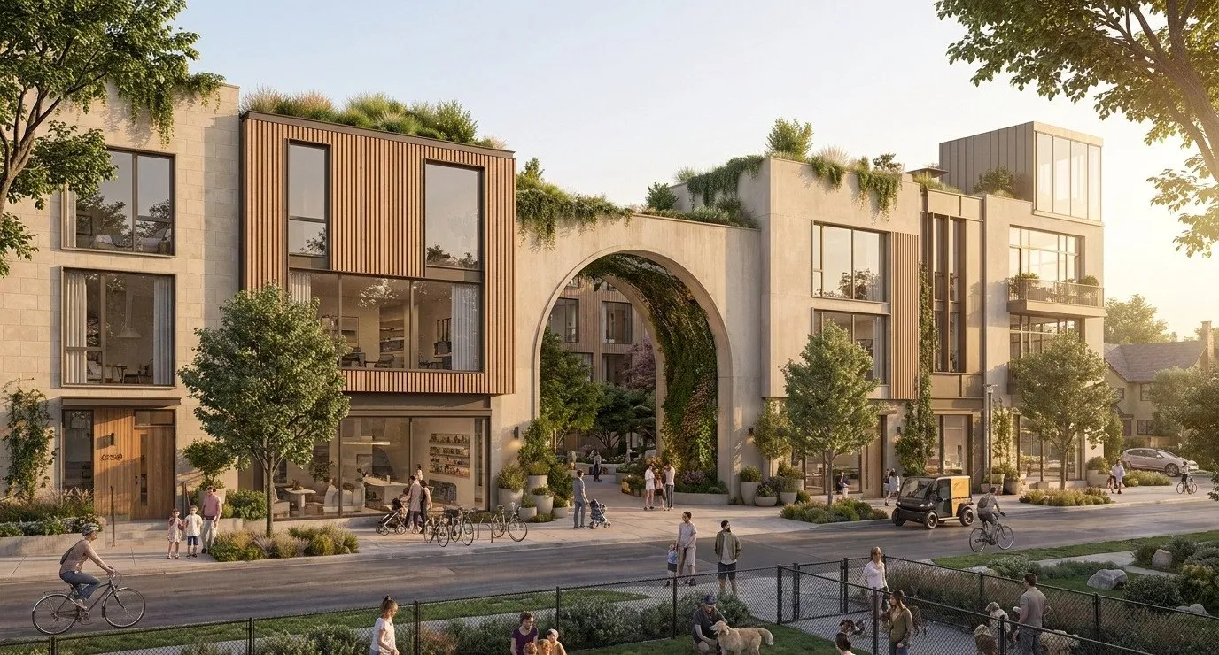 A green arch over a neighborhood street with shops, bikes, and a dog park.