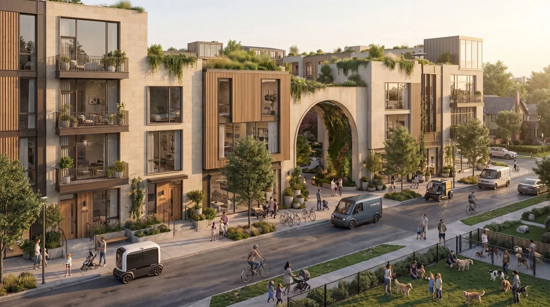 Street level with courtyard living behind walkable retail.
