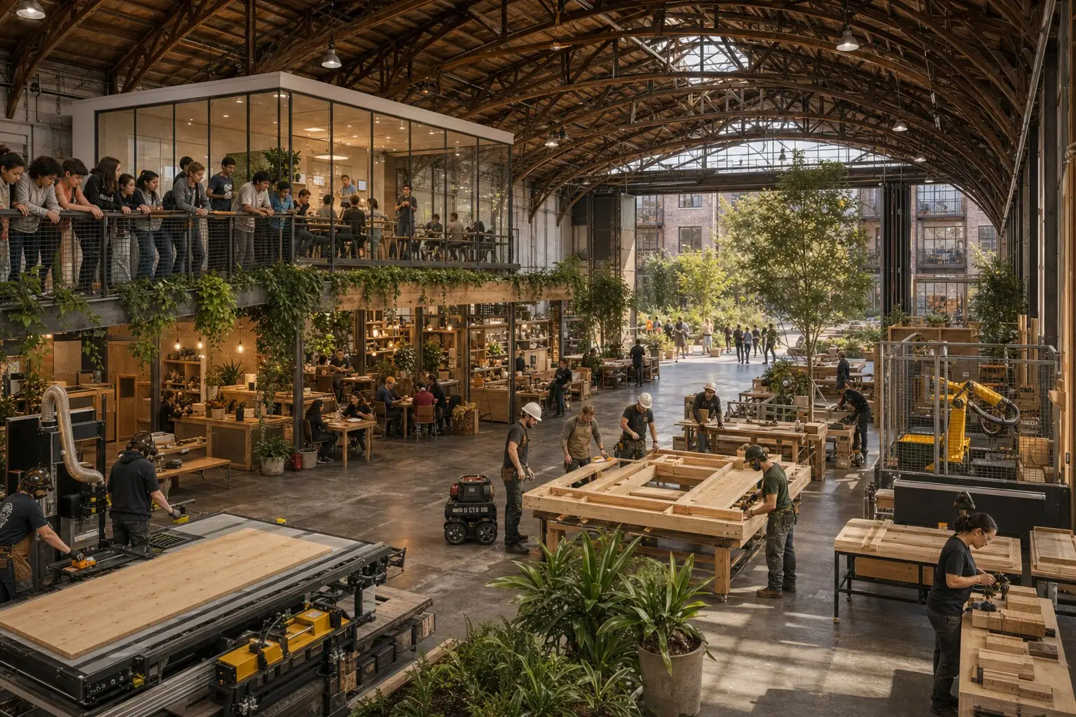 A reused warehouse where timber framing, machine tools and workbenches share one floor beneath a mezzanine.