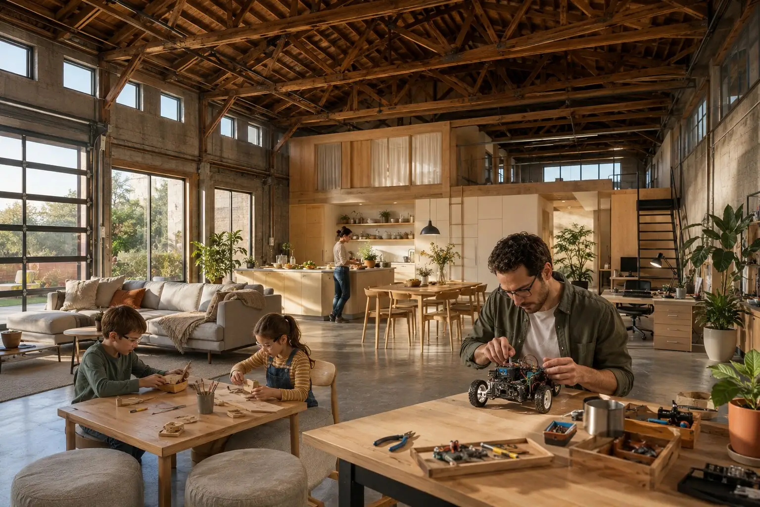 A live-work loft under old timber trusses, with a kitchen, a family table and a workbench.