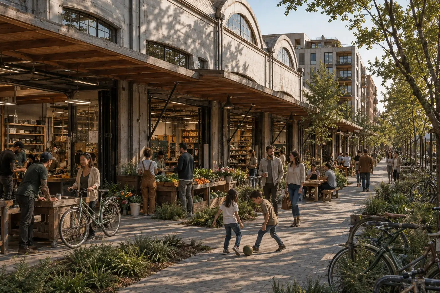 A planted lane between reused industrial buildings, with workshops at ground level, market stalls, bikes and families.