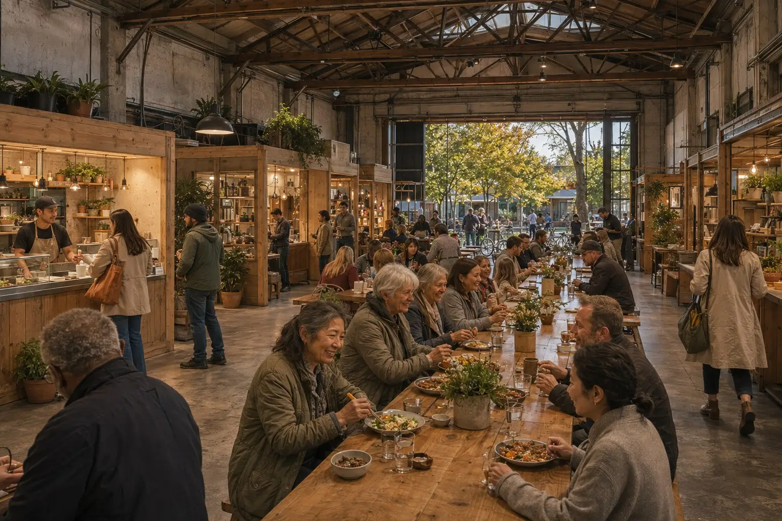 A long communal table at lunchtime in a market hall with food stalls behind.